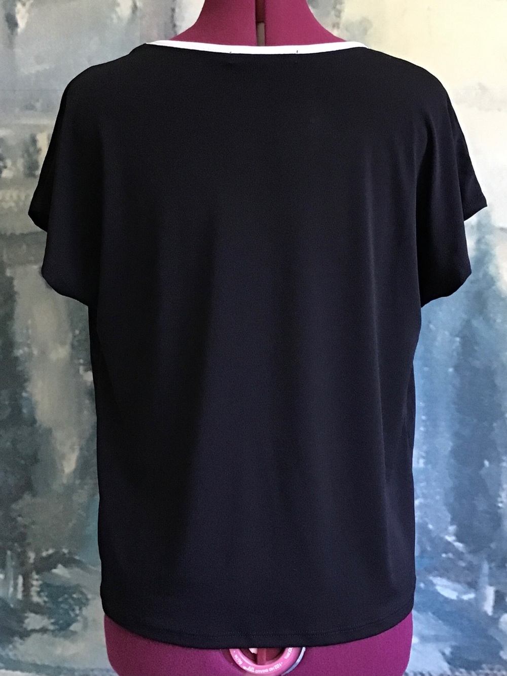 Adrienne Vittadini Black Short Sleeve V-Neck Top with White Trim - Picture 2 of 8